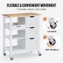 VEVOR kitchen island cart with lockable casters, storage drawers, and 360° rotating wheels.