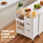 VEVOR kitchen island cart with wooden countertop, drawers, shelves, and storage jars on wooden floor.