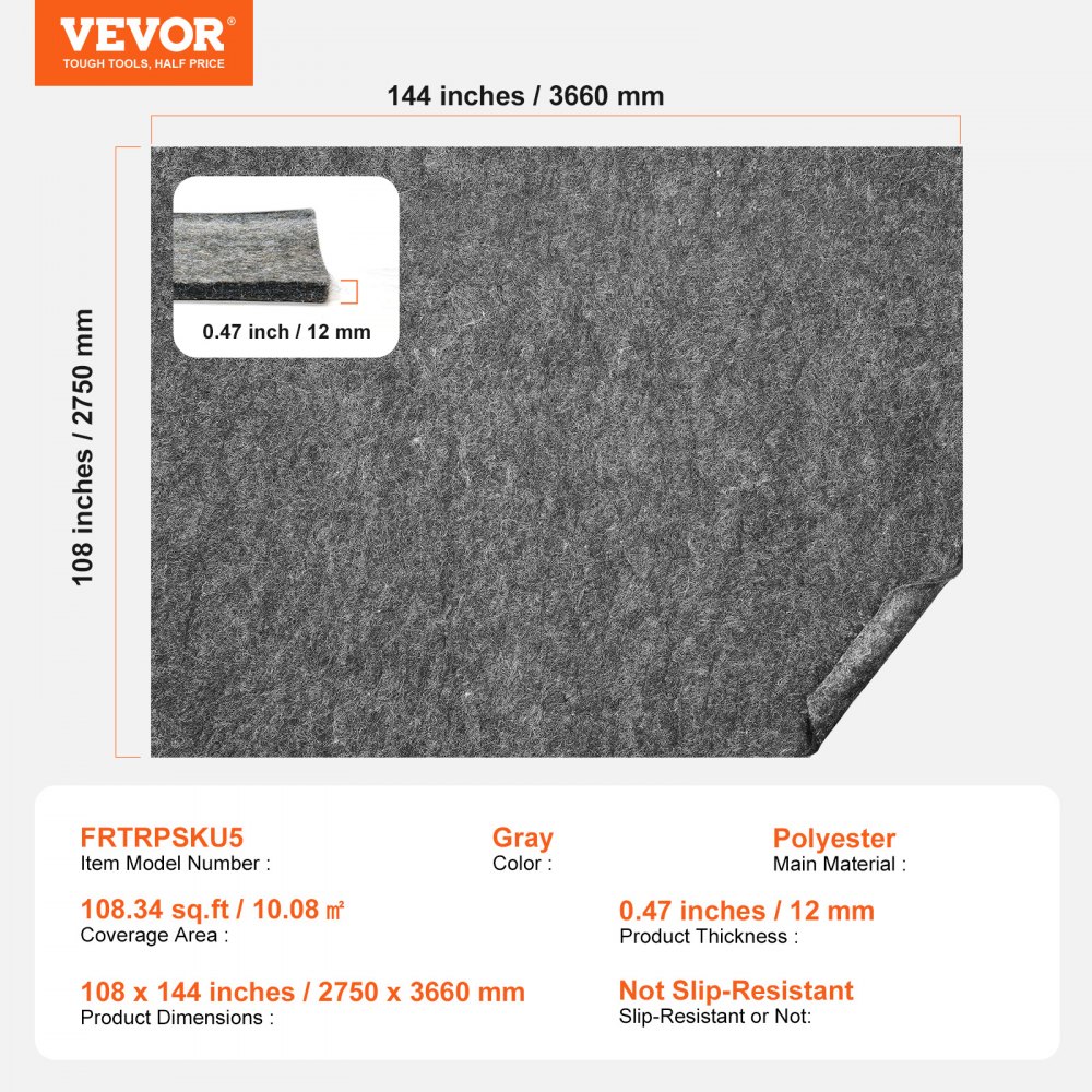 VEVOR Rug Pad Without Slip Resistance, Protective Cushioning Carpet Pad 9' x 12', 1/2"Thick, 100% Pure Polyester Felt, 10-11㎡ Premium Comfort Underfoot Carpet Padding Rug Cushion for All Floor, Gray