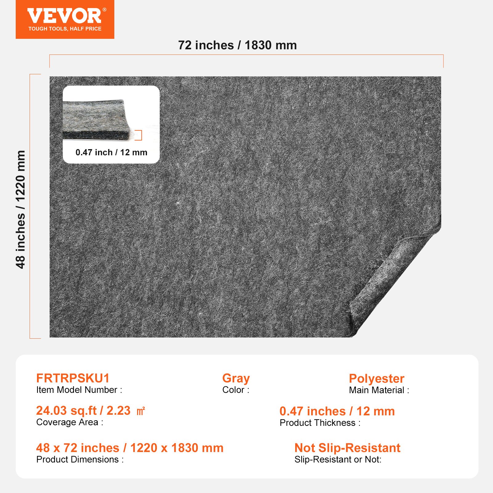 VEVOR Non-Slip Resistant Rug Pad, Protective Cushioning Carpet Pad, 2'x8' (7.875' Actual), 1/4"Thick, Dual Surface, Polyester Felt + Latex, 1-2㎡ Area Carpet Padding Rug Cushion Safe for All Floors