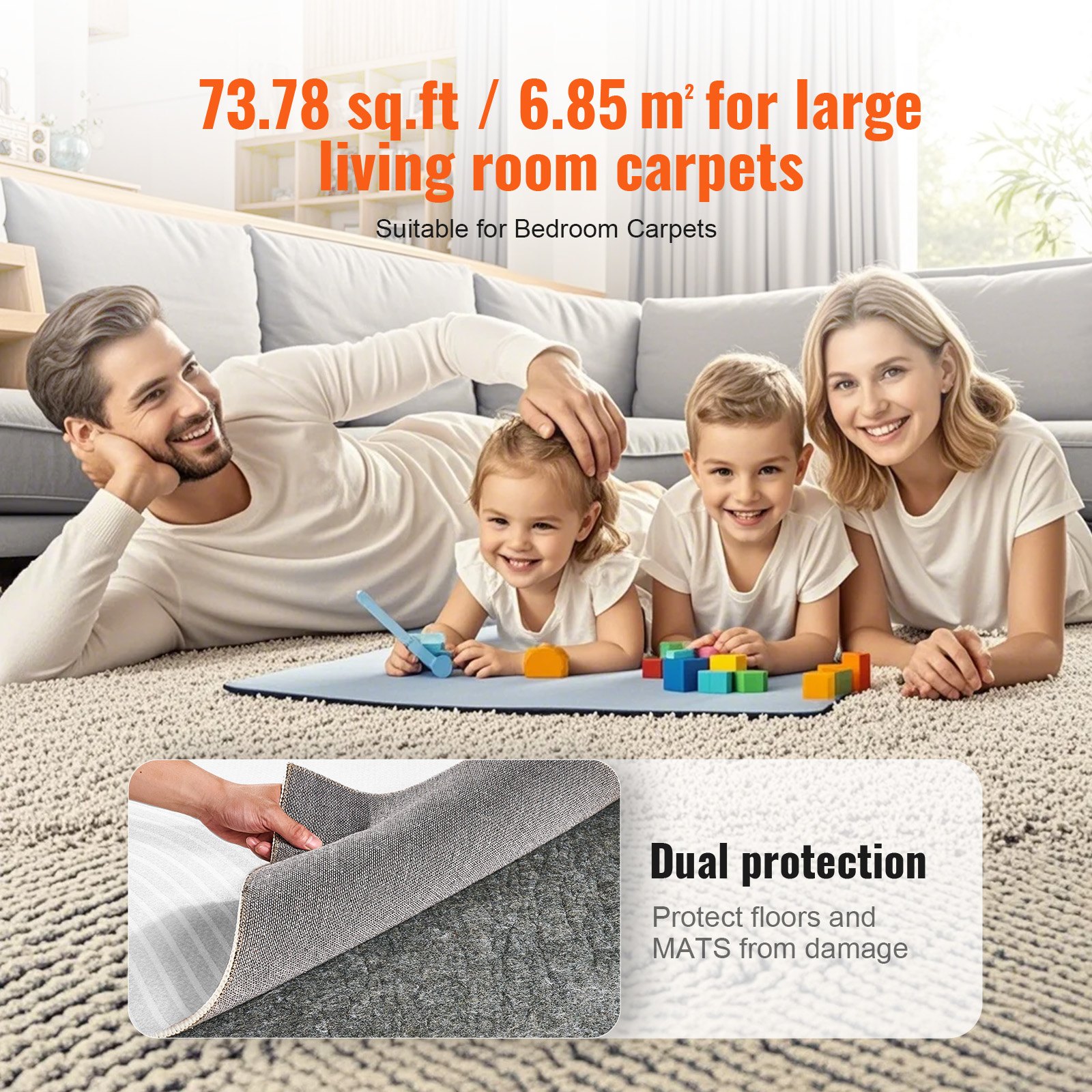 VEVOR Rug Pad Without Slip Resistance, Protective Cushioning Carpet Pad, 8' x 10', 1/4"Thick, 100% Pure Polyester Felt, 7-8㎡ Premium Comfort Underfoot Carpet Padding Rug Cushion for All Floors, Gray