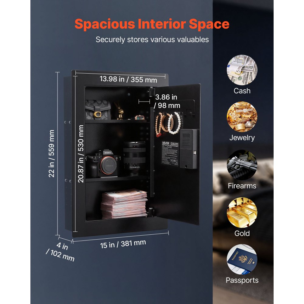 VEVOR Wall Safe, 3-Tier Hidden Wall Safe with Fingerprint, Password, Key & Turning Knob, Q235 Cold-Rolled Steel In-Wall Box with Adjustable Shelves & Key Holders for Money, Jewelry, Passport, Document