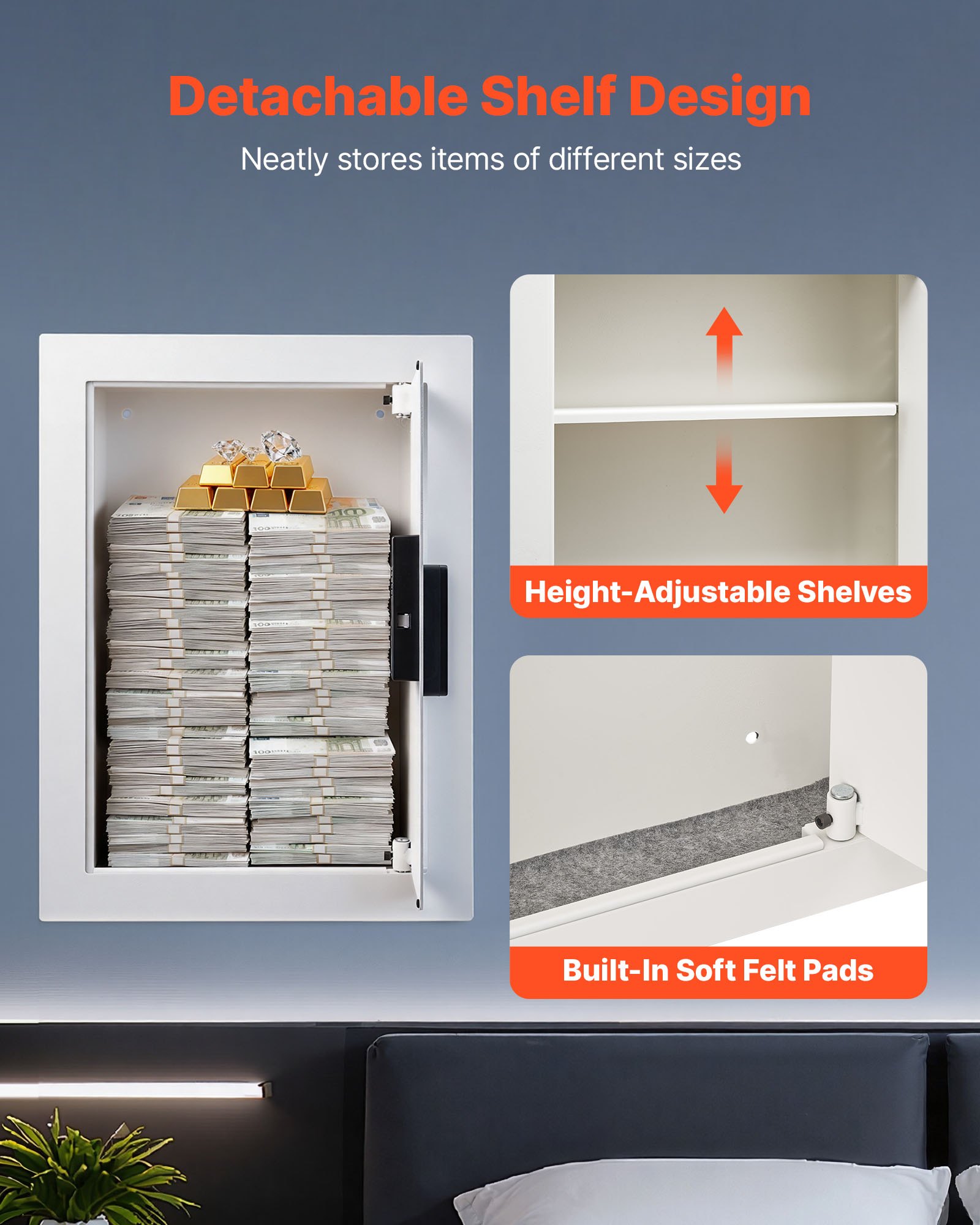 VEVOR 0.83 sq.ft Wall Safe, 3-Tier Hidden Wall Safe with Password, Key & Turning Knob, Q235 Cold-Rolled Steel In-Wall Box with Adjustable Shelves & Mounting Holes for Money, Jewelry, Passport, White