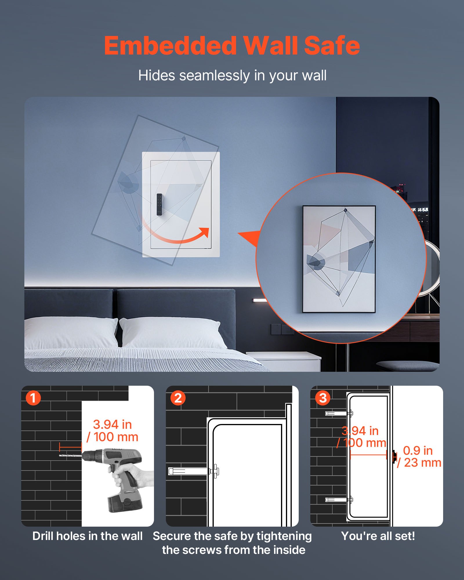VEVOR 0.83 sq.ft Wall Safe, 3-Tier Hidden Wall Safe with Password, Key & Turning Knob, Q235 Cold-Rolled Steel In-Wall Box with Adjustable Shelves & Mounting Holes for Money, Jewelry, Passport, White