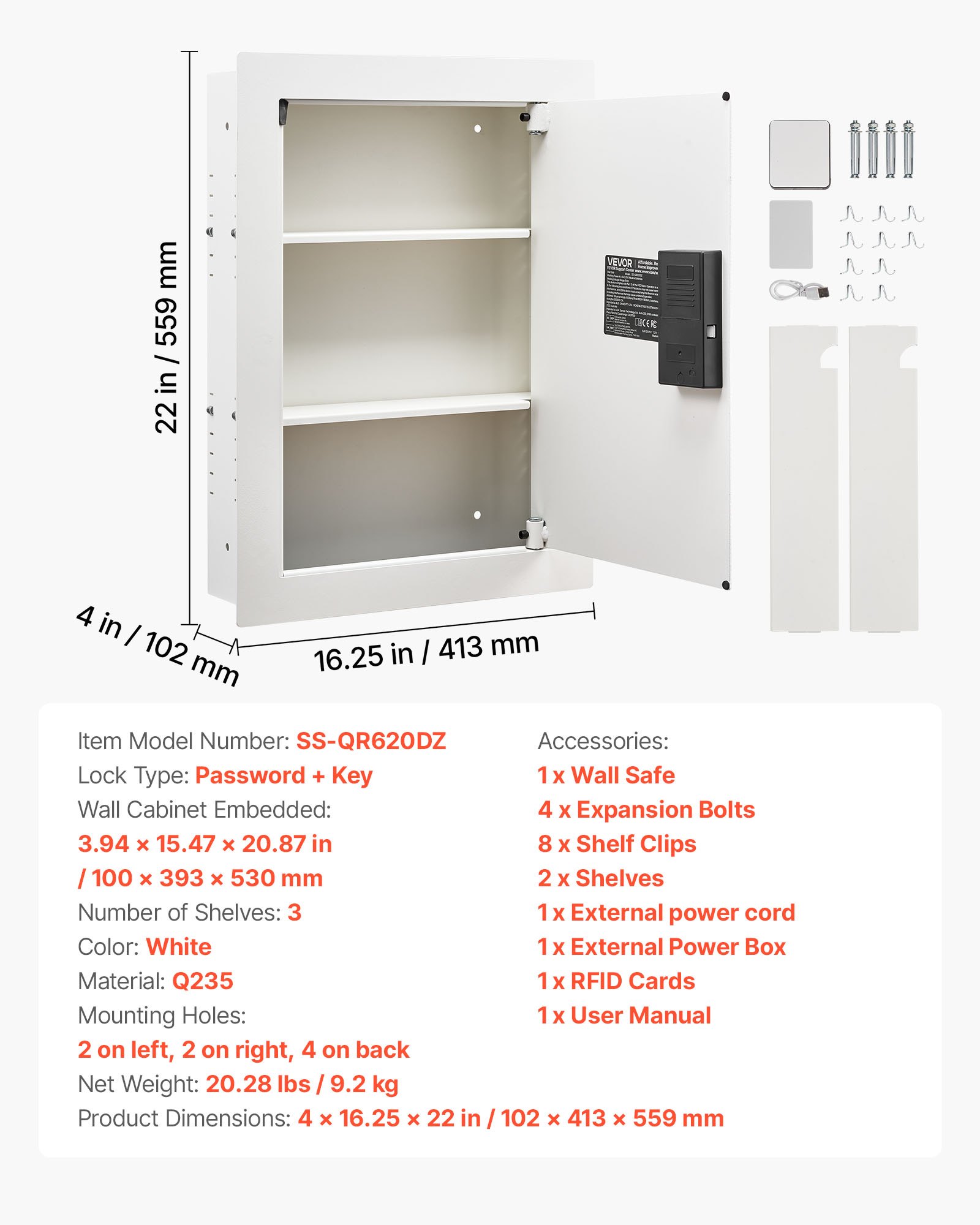 VEVOR 0.83 sq.ft Wall Safe, 3-Tier Hidden Wall Safe with Password, Key & Turning Knob, Q235 Cold-Rolled Steel In-Wall Box with Adjustable Shelves & Mounting Holes for Money, Jewelry, Passport, White