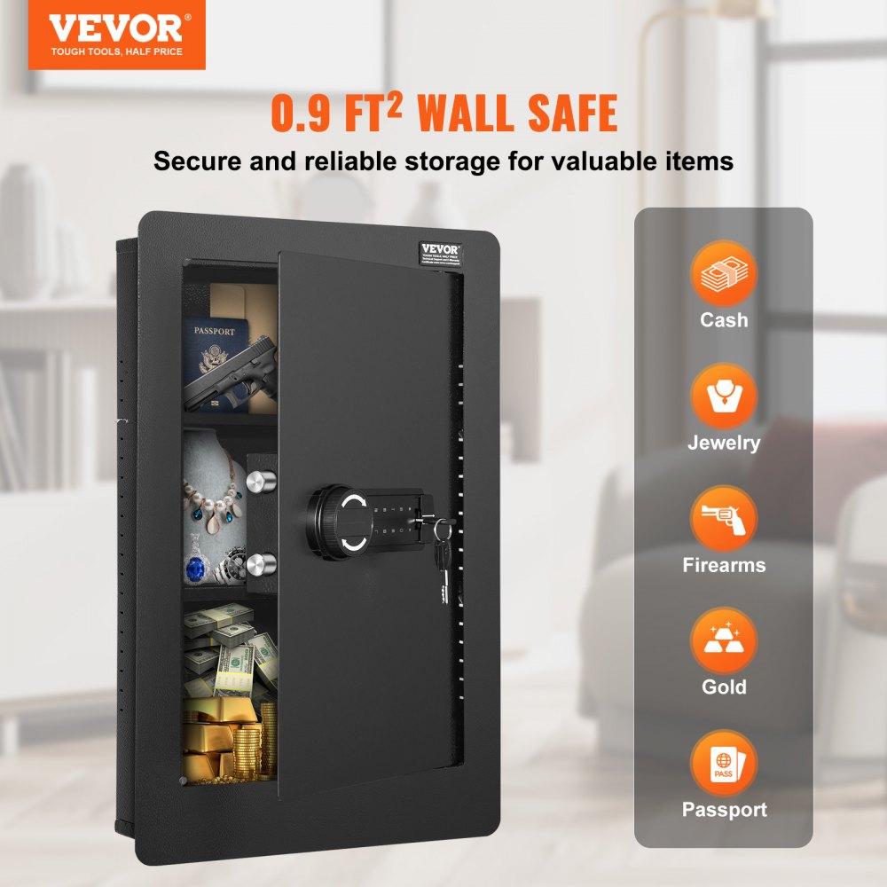 VEVOR 25.59" Tall Wall Safe, 3-Tier Hidden Wall Safe with Keypad, 3 Removable Shelves & 6 Key Holders, Q235 Cold-Rolled Steel In Wall Safe with LED Light & Vibration Alarm for Money, Jewelry, Passport