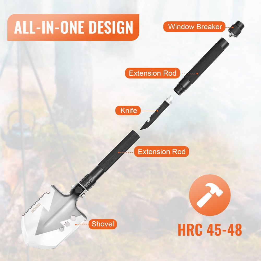 VEVOR Survival Shovel, 8 in 1 Camping Shovel Folding Multitool, Military Grade Portable Compact Tactical Shovel, Multifunction for Off-Roading, Camping, Hiking, Outdoor, Survivalist and Emergency