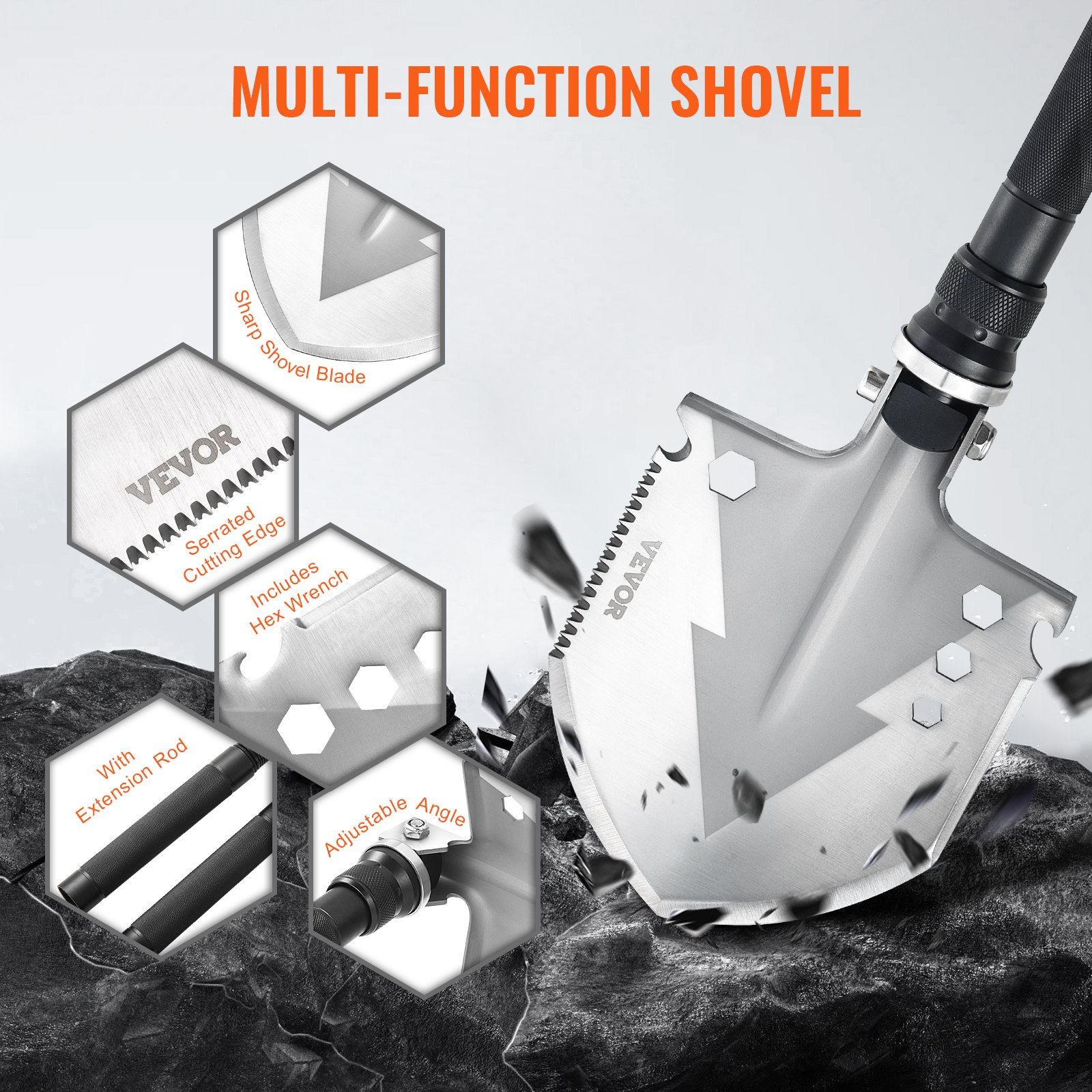 VEVOR Survival Shovel, 11 in 1 Camping Shovel Folding Multitool, Military Grade Portable Compact Tactical Shovel, Multifunction for Off-Roading, Camping, Hiking, Outdoor, Survivalist and Emergency