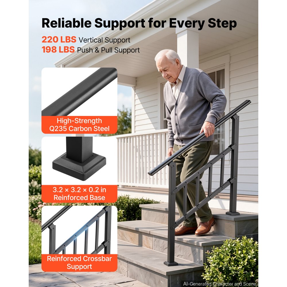 VEVOR Handrails for Outdoor Steps, 2-3 Step Stair Hand Rail Kit, Black, Flat Tube Stair Rails with Crossbar, for Seniors, Concrete Steps, Porch & Deck, Galvanized Steel Railings w/ Installation Kit