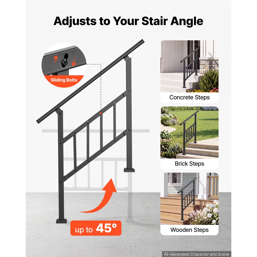 VEVOR Handrails for Outdoor Steps, 2-3 Step Stair Hand Rail Kit, Black, Flat Tube Stair Rails with Crossbar, for Seniors, Concrete Steps, Porch & Deck, Galvanized Steel Railings w/ Installation Kit