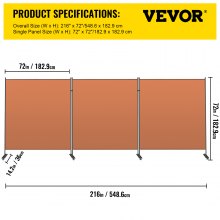 VEVOR Office Partition Room Divider Wall 216"x72" 3-Panel Office Divider Orange