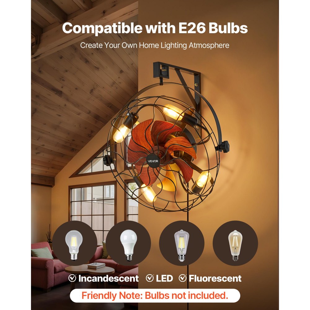 VEVOR Wall Mounted Fan with Lights, 21 inch Wall Mount Fan with Remote, 6 Speeds Plug in Wall Fan, Timer, 360°Adjustable Tilt for Bedroom,Garage,Workshop (Compatible 4 E26 Bulb Sockets,No Bulb)