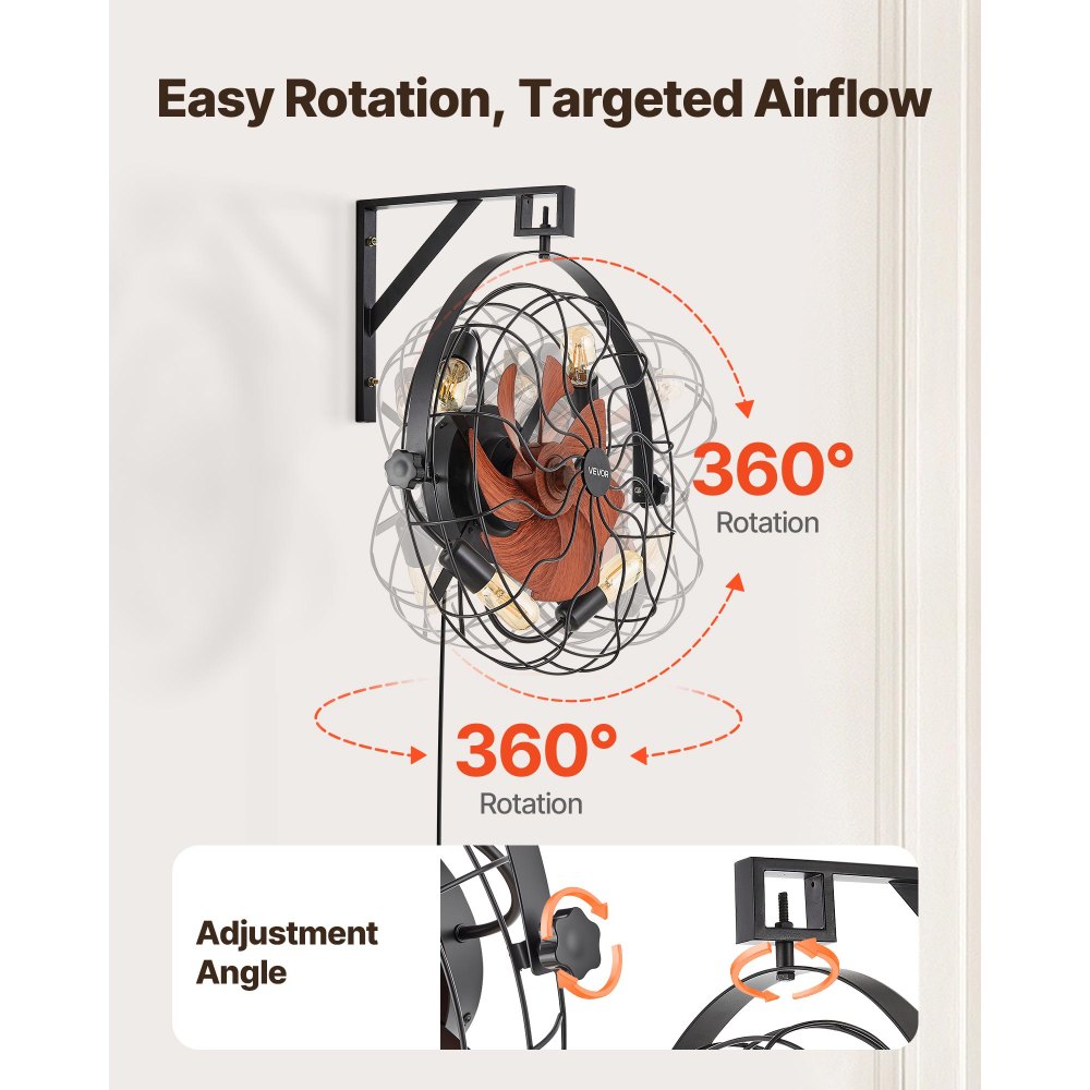 VEVOR Wall Mounted Fan with Lights, 21 inch Wall Mount Fan with Remote, 6 Speeds Plug in Wall Fan, Timer, 360°Adjustable Tilt for Bedroom,Garage,Workshop (Compatible 4 E26 Bulb Sockets,No Bulb)
