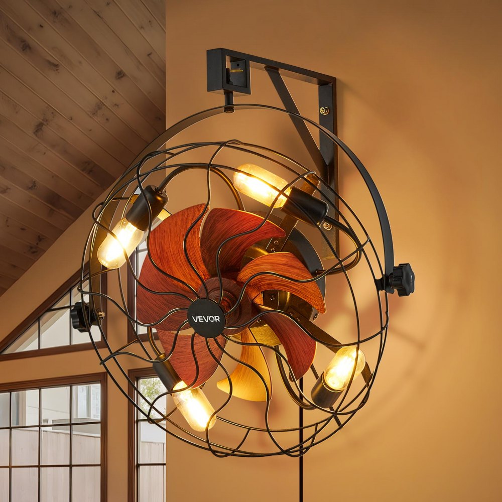 VEVOR Wall Mounted Fan with Lights, 21 inch Wall Mount Fan with Remote, 6 Speeds Plug in Wall Fan, Timer, 360°Adjustable Tilt for Bedroom,Garage,Workshop (Compatible 4 E26 Bulb Sockets,No Bulb)
