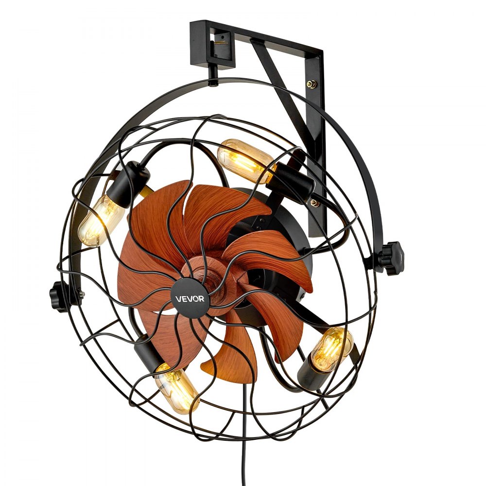 VEVOR Wall Mounted Fan with Lights, 21 inch Wall Mount Fan with Remote, 6 Speeds Plug in Wall Fan, Timer, 360°Adjustable Tilt for Bedroom,Garage,Workshop (Compatible 4 E26 Bulb Sockets,No Bulb)