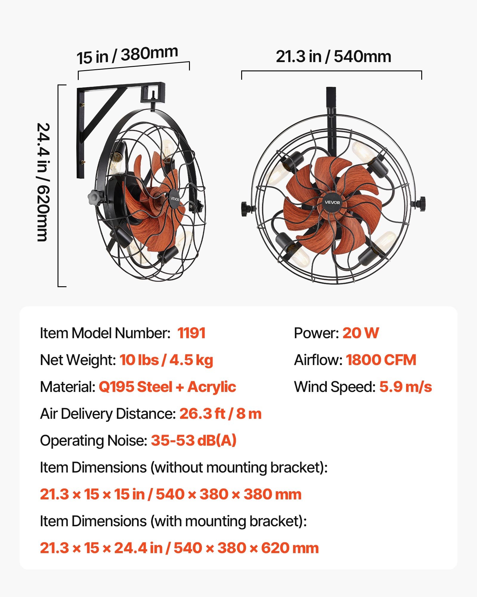 VEVOR Wall Mounted Fan with Lights, 21 inch Wall Mount Fan with Remote, 6 Speeds Plug in Wall Fan, Timer, 360°Adjustable Tilt for Bedroom,Garage,Workshop (Compatible 4 E26 Bulb Sockets,No Bulb)