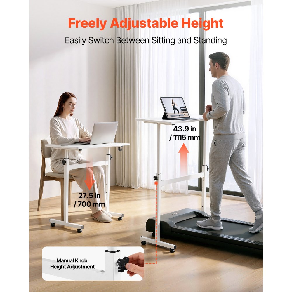 VEVOR Standing Desk, Adjustable Height Mobile Stand Up Desk with Lockable Casters, 32 x 16 in Small Computer Sit Stand Rolling Workstation with Hook, 55.1 lbs Desktop Capacity, for Home Office, White
