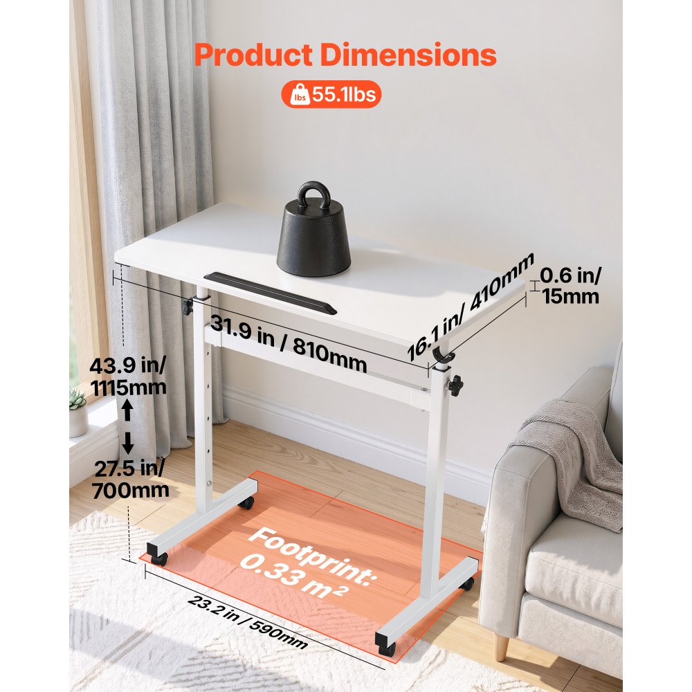 VEVOR Standing Desk, Adjustable Height Mobile Stand Up Desk 360° Tilting Desktop, 32 x 16 in Small Computer Sit Stand Rolling Workstation w/ Hook, Lockable Casters, 55.1 lbs Capacity for Home Office