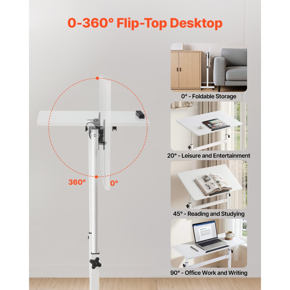 VEVOR Standing Desk, Adjustable Height Mobile Stand Up Desk 360° Tilting Desktop, 32 x 16 in Small Computer Sit Stand Rolling Workstation w/ Hook, Lockable Casters, 55.1 lbs Capacity for Home Office