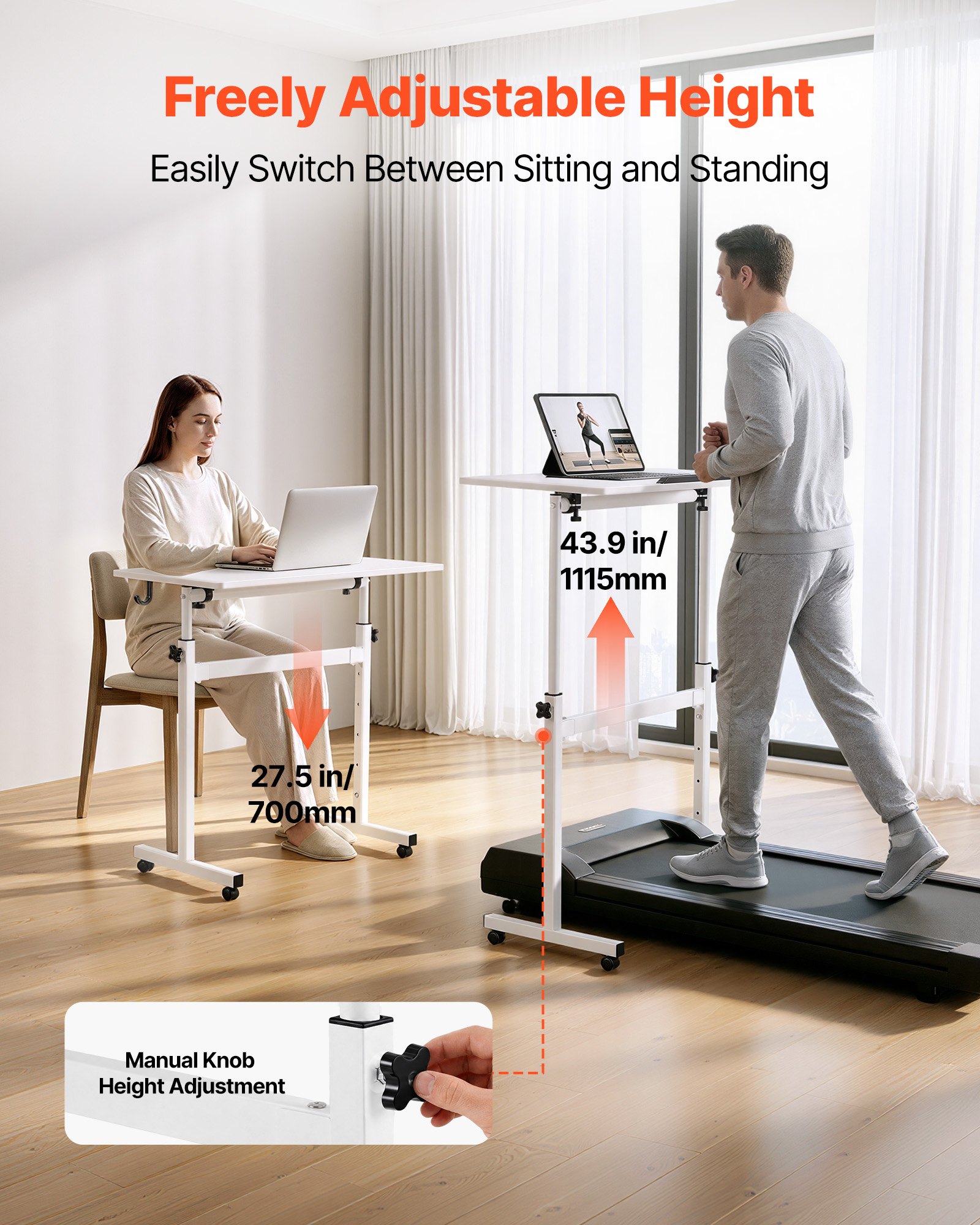 VEVOR Standing Desk, Adjustable Height Mobile Stand Up Desk 360° Tilting Desktop, 32 x 16 in Small Computer Sit Stand Rolling Workstation w/ Hook, Lockable Casters, 55.1 lbs Capacity for Home Office