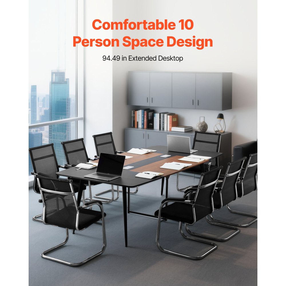 VEVOR Conference Table, 2400 mm Boat Shaped Office Meeting Table for 10 Person, Modern Large Boat Meeting Desk with Metal Legs, for Office, Boardroom, Conference Room, Easy Assembly, Black & Brown