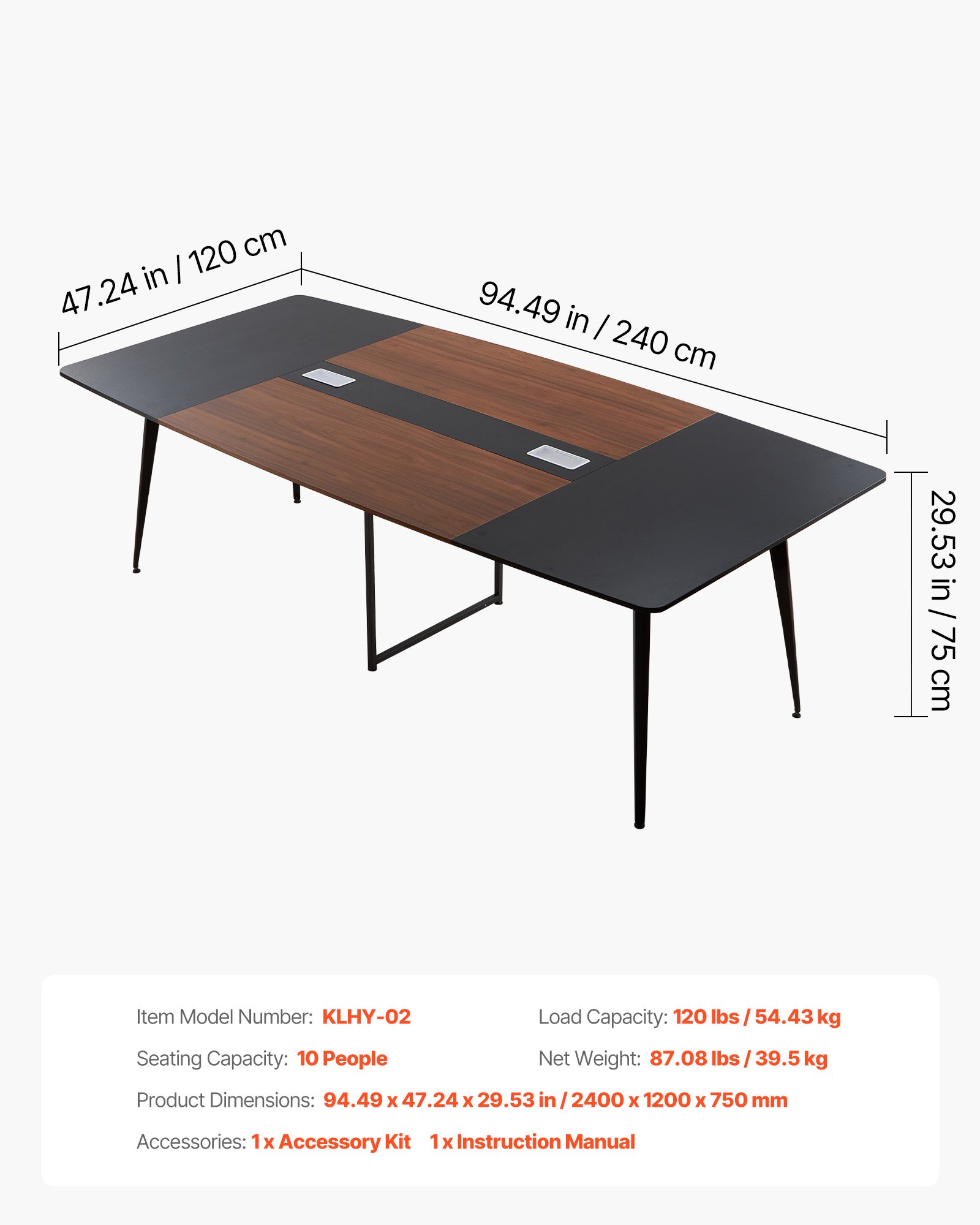 VEVOR Conference Table, 2400 mm Boat Shaped Office Meeting Table for 10 Person, Modern Large Boat Meeting Desk with Metal Legs, for Office, Boardroom, Conference Room, Easy Assembly, Black & Brown