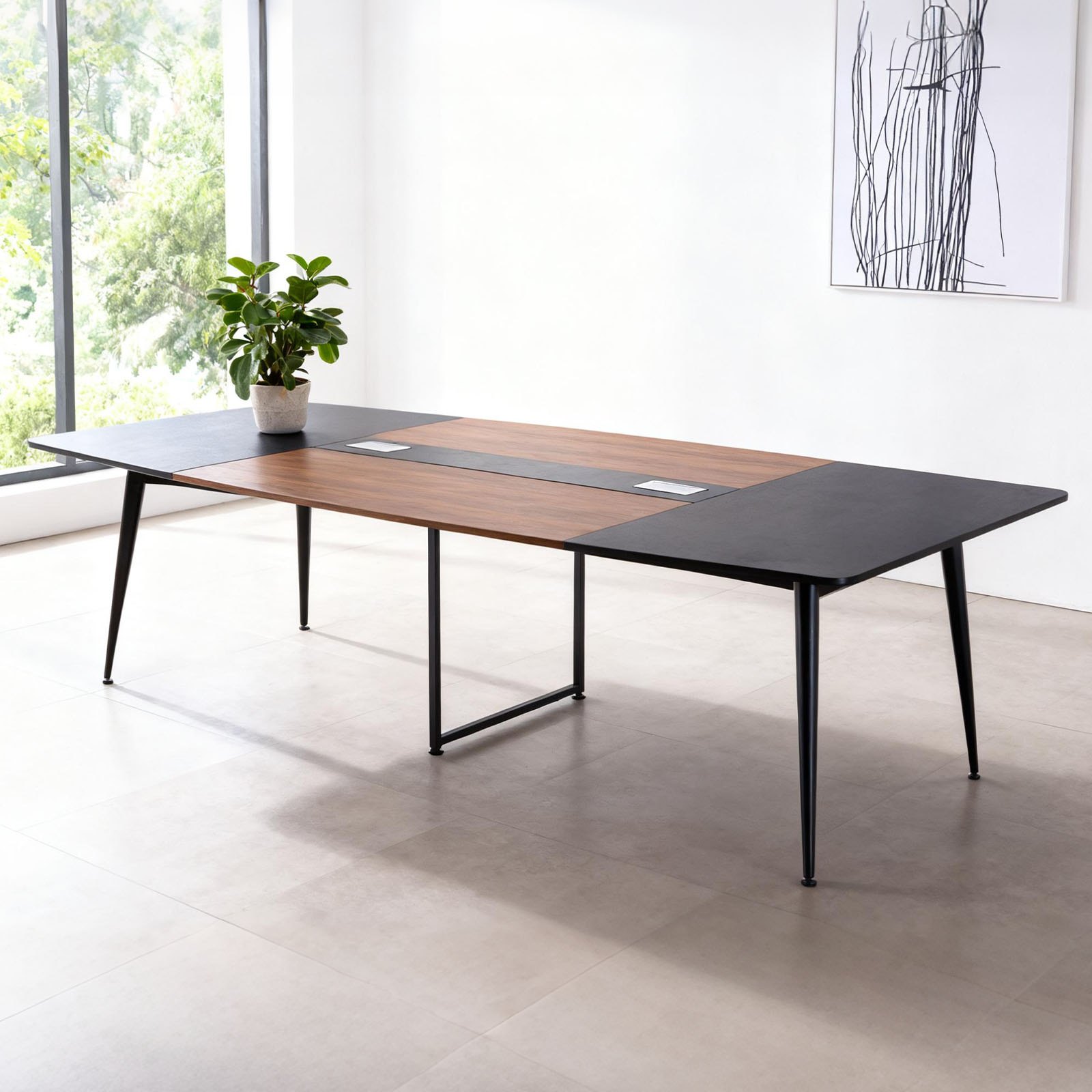 VEVOR Conference Table, 2400 mm Boat Shaped Office Meeting Table for 10 Person, Modern Large Boat Meeting Desk with Metal Legs, for Office, Boardroom, Conference Room, Easy Assembly, Black & Brown