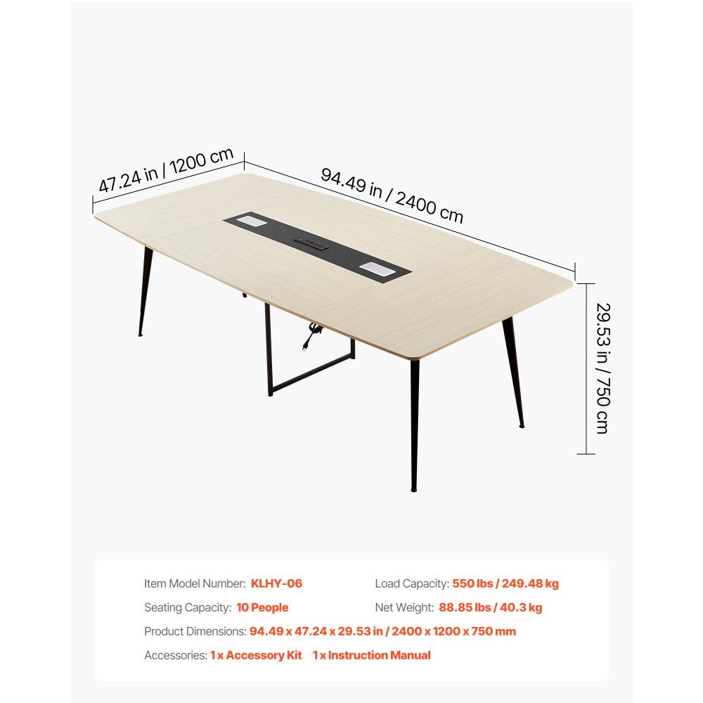 VEVOR Conference Table, 8 ft Boat Shaped Office Meeting Table with Charge Station for 10 Person, Modern Boat Seminar Meeting Desk with Metal Legs for Office, Boardroom, Conference Room, Easy Assembly