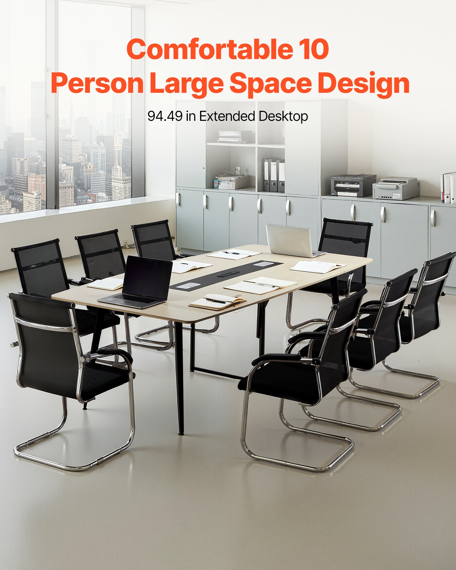 VEVOR Conference Table, 8 ft Boat Shaped Office Meeting Table with Charge Station for 10 Person, Modern Boat Seminar Meeting Desk with Metal Legs for Office, Boardroom, Conference Room, Easy Assembly