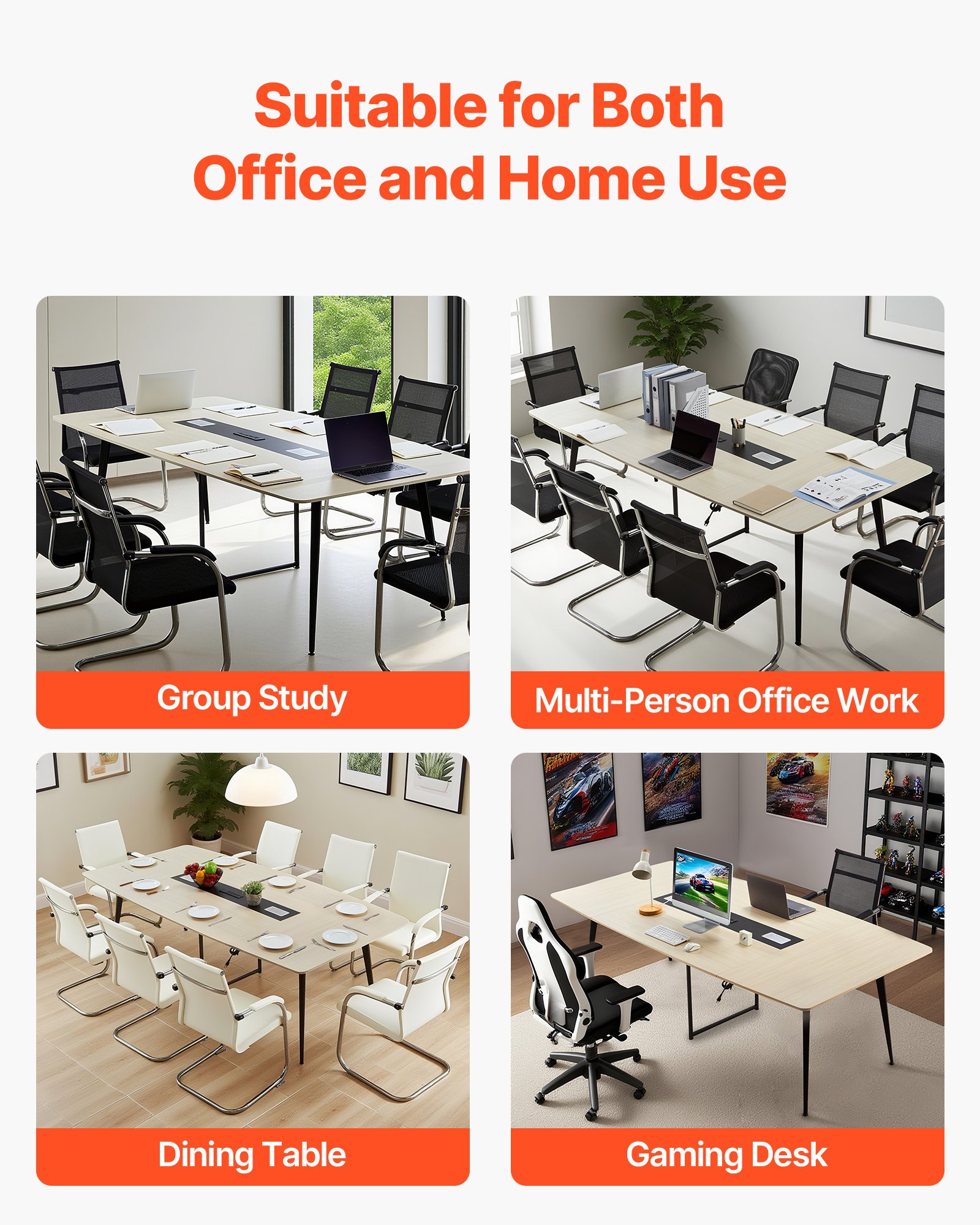 VEVOR Conference Table, 8 ft Boat Shaped Office Meeting Table with Charge Station for 10 Person, Modern Boat Seminar Meeting Desk with Metal Legs for Office, Boardroom, Conference Room, Easy Assembly