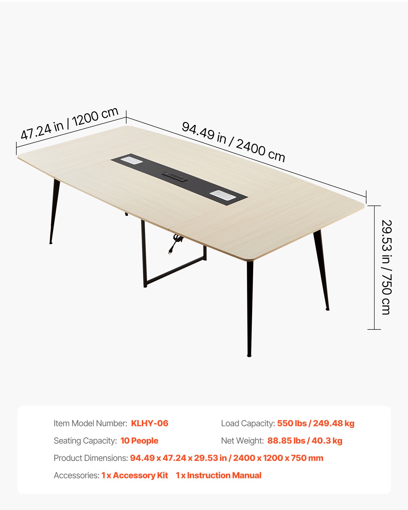 VEVOR Conference Table, 8 ft Boat Shaped Office Meeting Table with Charge Station for 10 Person, Modern Boat Seminar Meeting Desk with Metal Legs for Office, Boardroom, Conference Room, Easy Assembly
