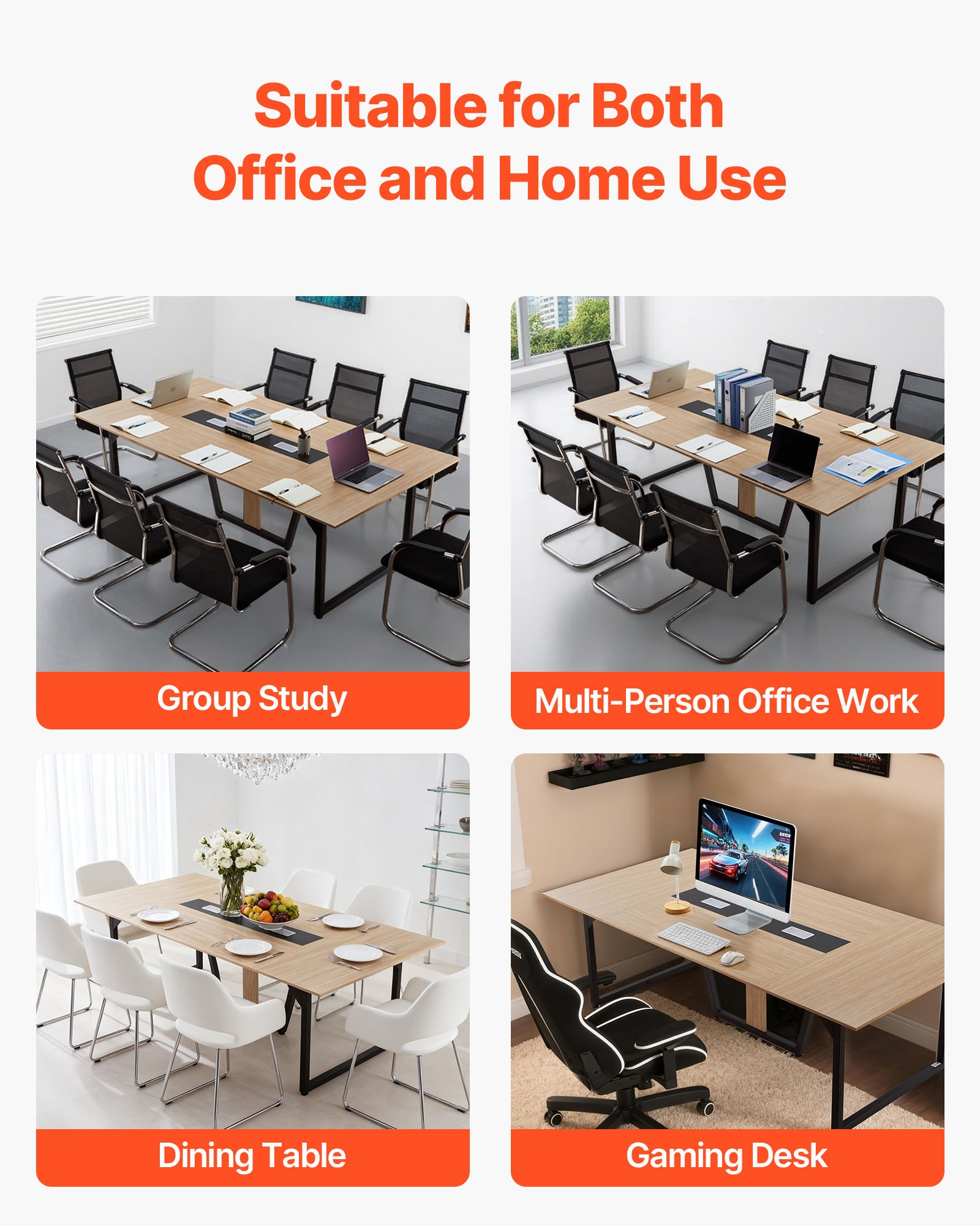 VEVOR Conference Table, 2400 mm Office Meeting Table for 10 Person, Modern Rectangle Seminar Desk with Metal Legs, Large Meeting Desk Ideal for Office, Boardroom, Conference Room, Easy Assembly, Brown