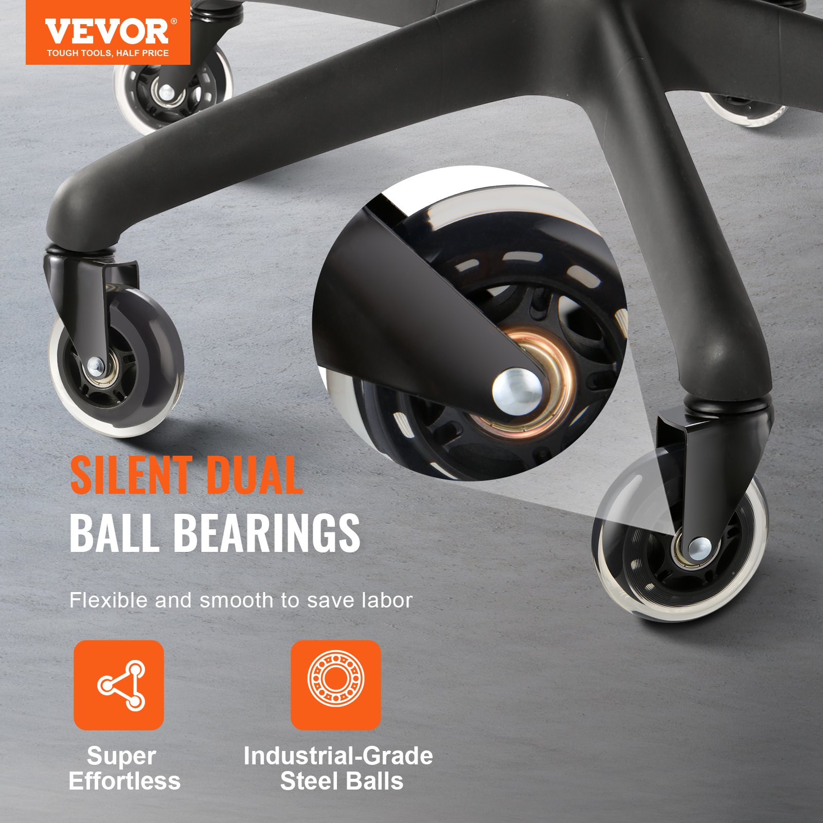 VEVOR office chair wheels with silent dual ball bearings, highlighting effortless movement and durability.