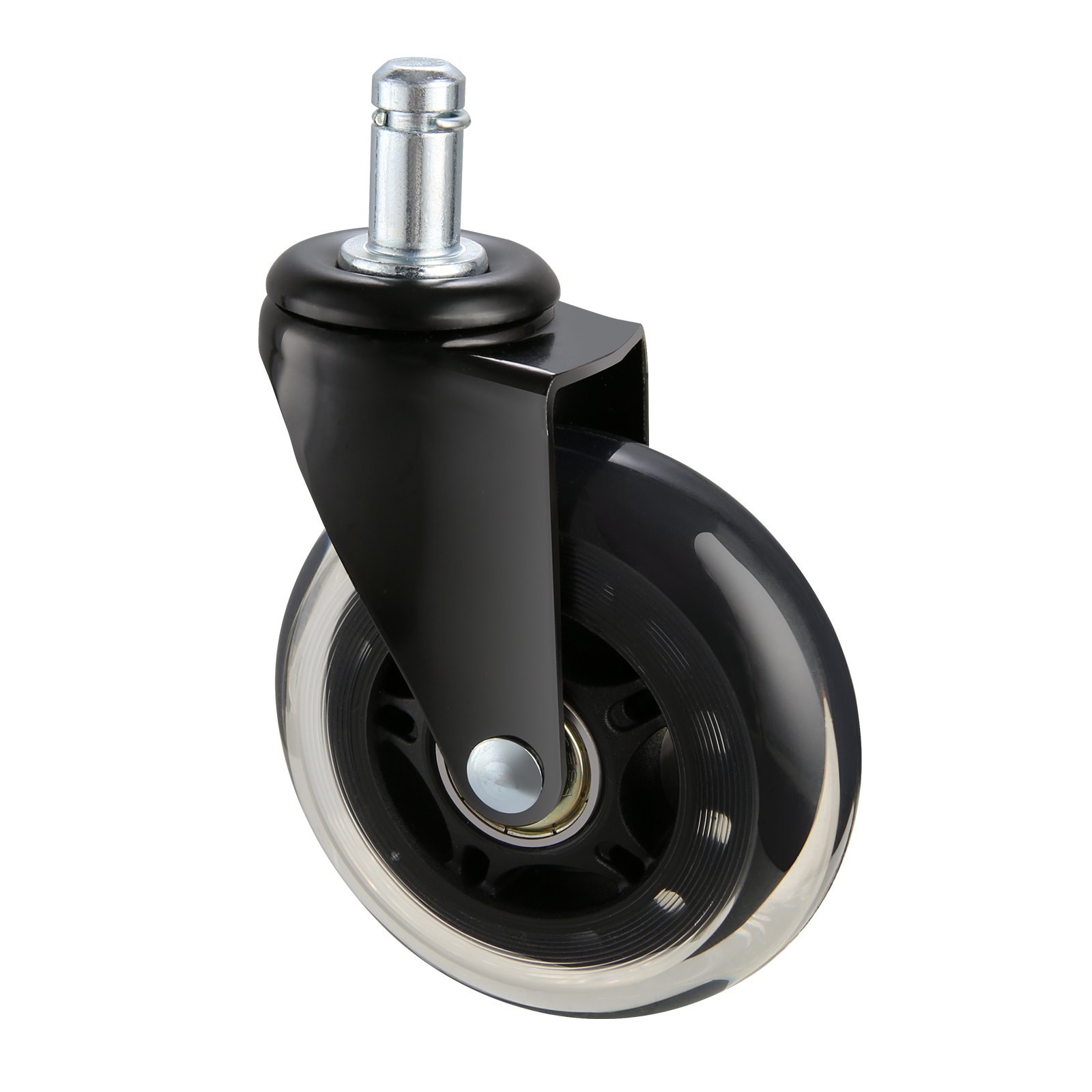 black and clear VEVOR office chair wheel with metal stem, featuring smooth-rolling design.