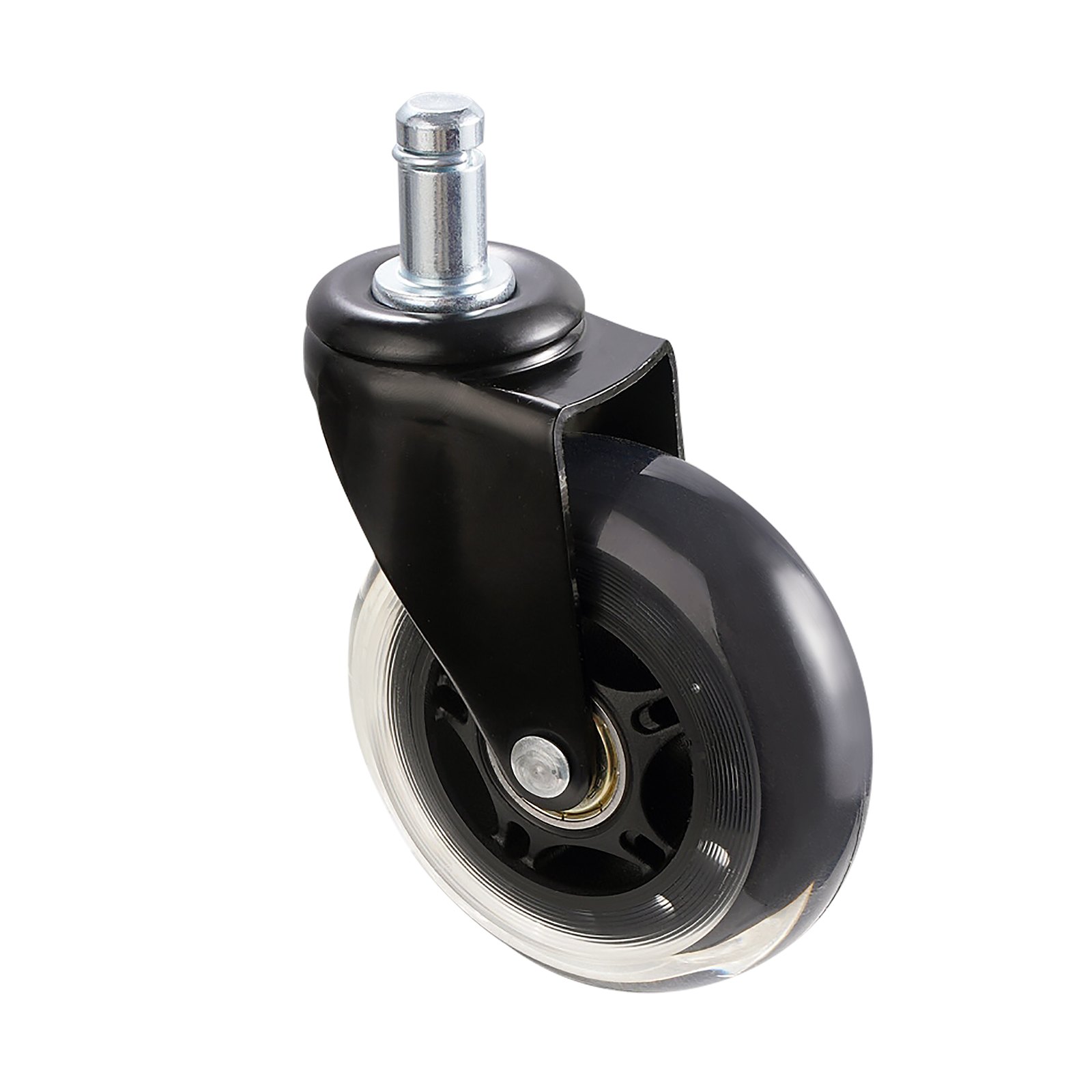 black and silver VEVOR office chair wheel with transparent edges on a white background.