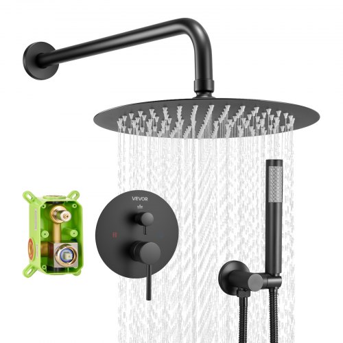 VEVOR Shower Faucet Set, Rainfall Bathroom Shower System with 10-Inch Round Rain Shower Head and Handheld Spray, Wall Mounted Bath Fixtures with Brass Valve and Trim Kit, Matte Black