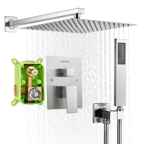 VEVOR Shower Faucet Set, Rainfall Bathroom Shower System with 12-Inch Square Rain Shower Head and Handheld Spray, Wall Mounted Bath Fixtures with Brass Valve and Trim Kit, Brushed Nickel