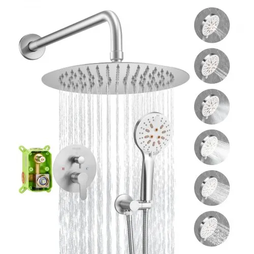 VEVOR Shower Faucet Set, Rainfall Bathroom Shower System with 10-Inch Round Rain Shower Head and Handheld Spray, Wall Mounted Bath Fixtures with Brass Valve and Trim Kit, Brushed Nickel