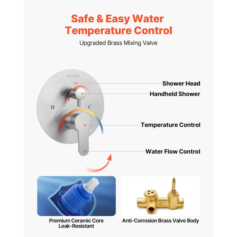 VEVOR Shower Faucet Set, Rainfall Bathroom Shower System with 10-Inch Round Rain Shower Head and Handheld Spray, Wall Mounted Bath Fixtures with Brass Valve and Trim Kit, Brushed Nickel