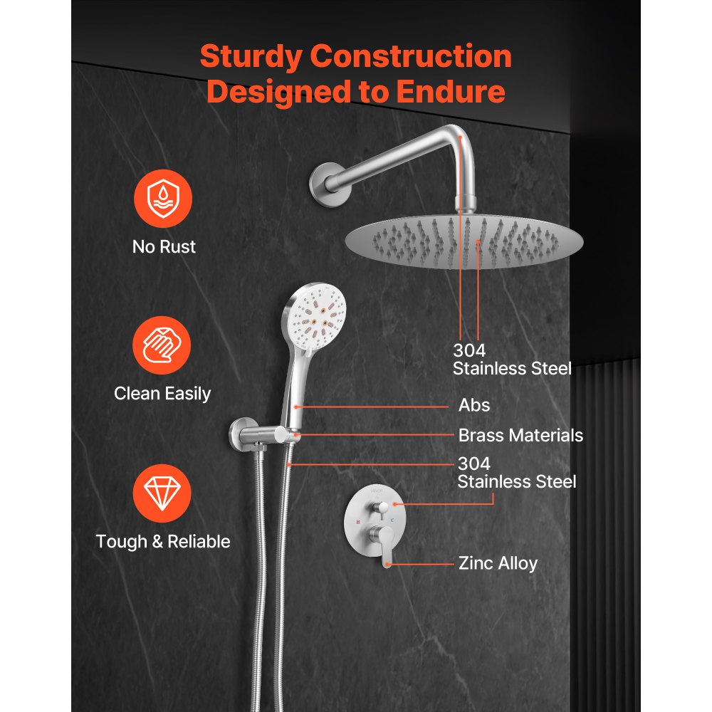 VEVOR Shower Faucet Set, Rainfall Bathroom Shower System with 10-Inch Round Rain Shower Head and Handheld Spray, Wall Mounted Bath Fixtures with Brass Valve and Trim Kit, Brushed Nickel