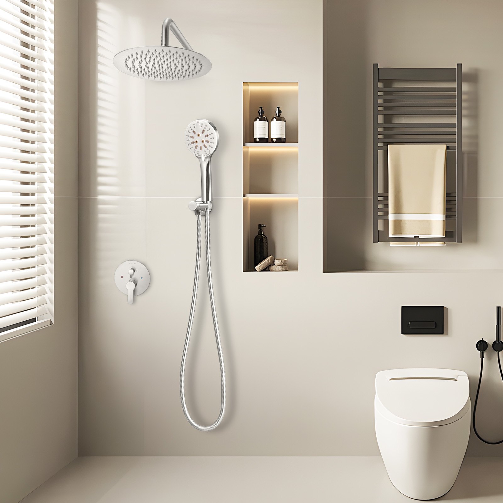 VEVOR Shower Faucet Set, Rainfall Bathroom Shower System with 10-Inch Round Rain Shower Head and Handheld Spray, Wall Mounted Bath Fixtures with Brass Valve and Trim Kit, Brushed Nickel