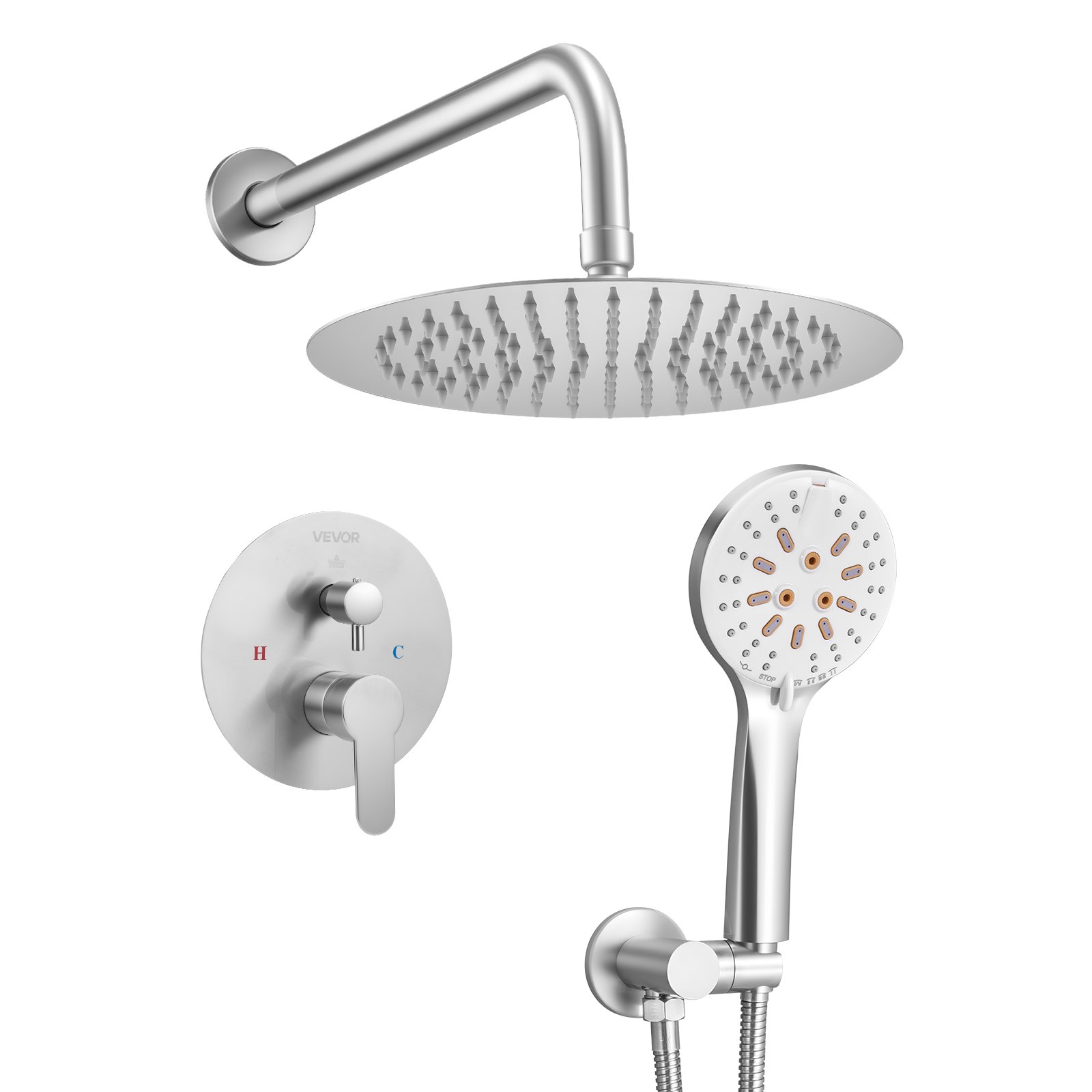VEVOR Shower Faucet Set, Rainfall Bathroom Shower System with 10-Inch Round Rain Shower Head and Handheld Spray, Wall Mounted Bath Fixtures with Brass Valve and Trim Kit, Brushed Nickel