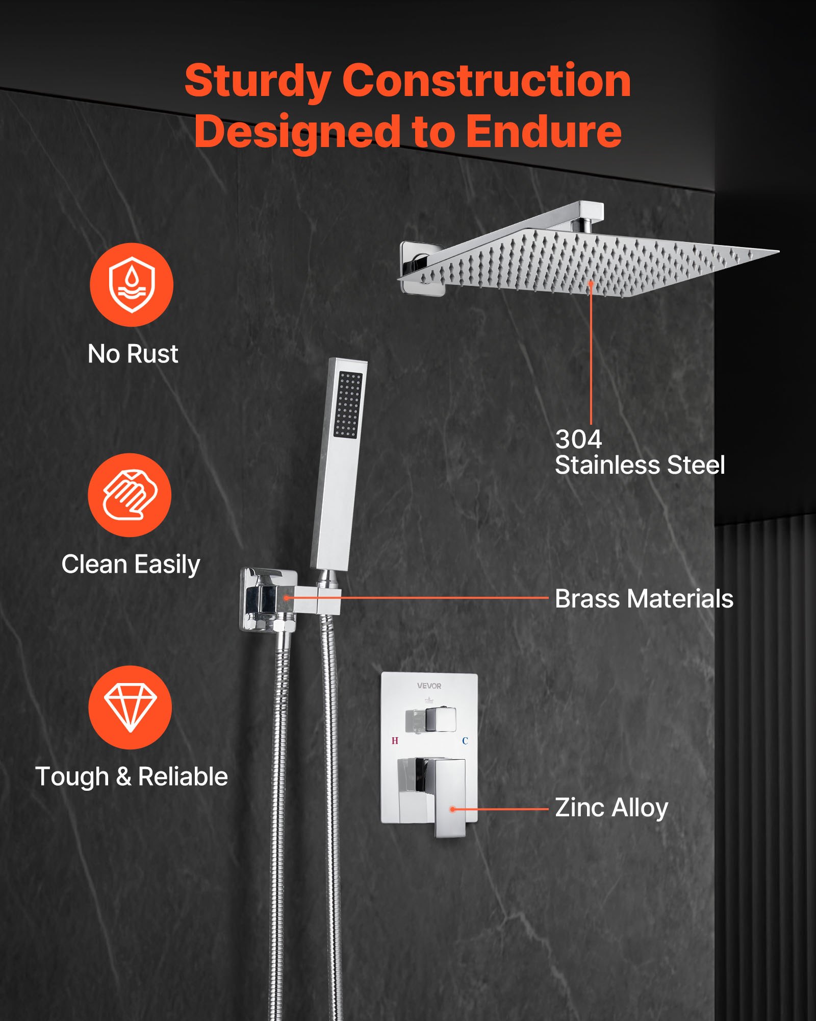 VEVOR Shower Faucet Set, Rainfall Bathroom Shower System with 12-Inch (30.5cm) Square Rain Shower Head and Handheld Spray, Wall Mounted Bath Fixtures with Brass Valve and Trim Kit, Silver Chrome