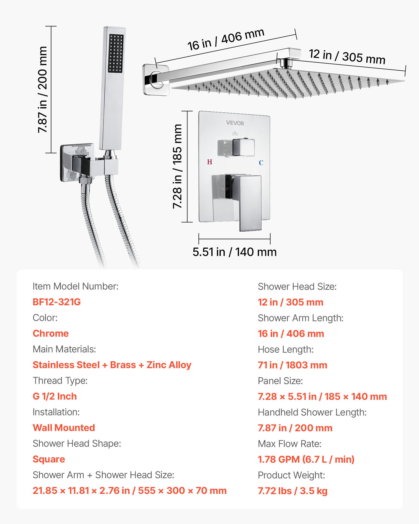 VEVOR Shower Faucet Set, Rainfall Bathroom Shower System with 12-Inch (30.5cm) Square Rain Shower Head and Handheld Spray, Wall Mounted Bath Fixtures with Brass Valve and Trim Kit, Silver Chrome
