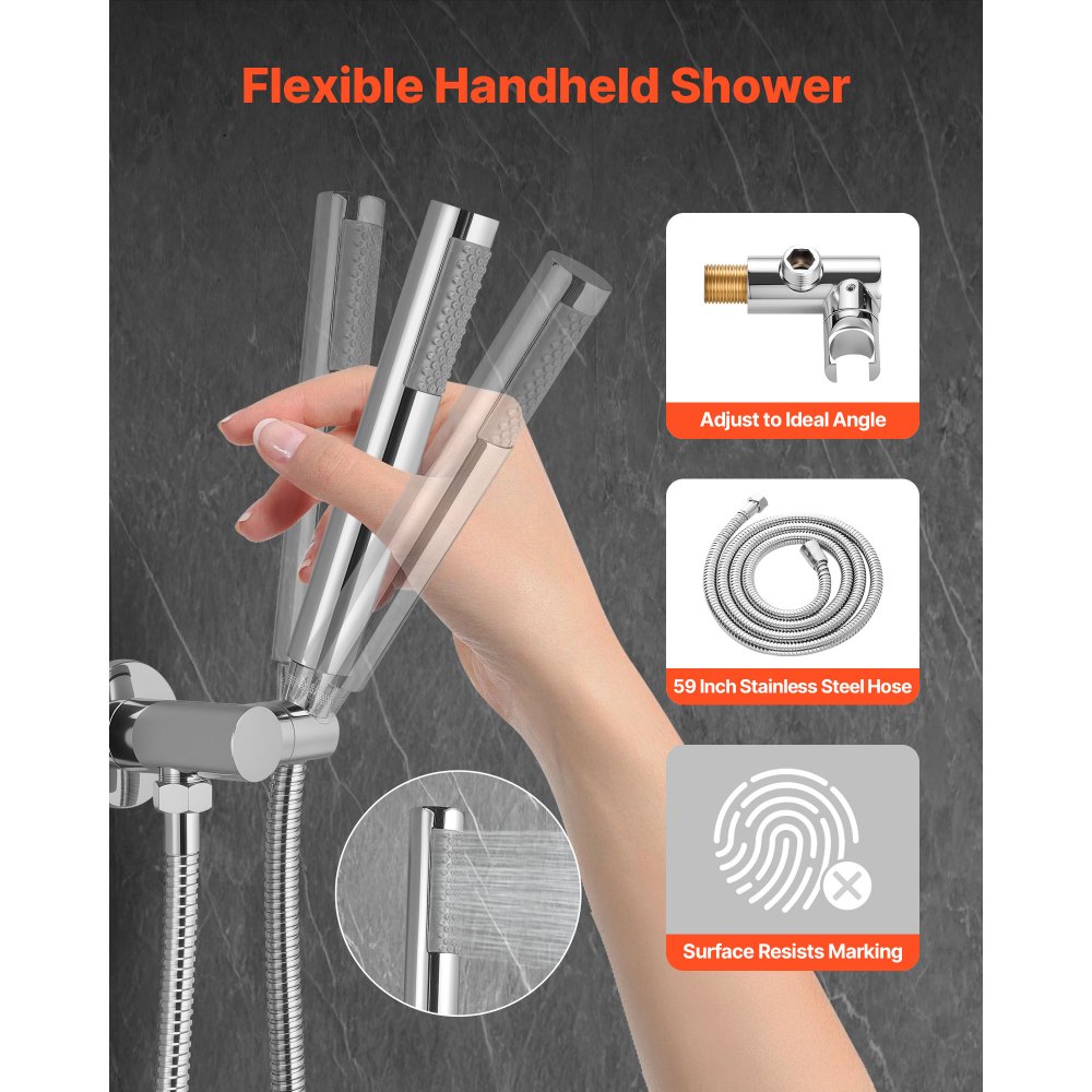 VEVOR Shower Faucet Set, Rainfall Bathroom Shower System with 10-Inch (25.4cm) Round Rain Shower Head and Handheld Spray, Wall Mounted Bath Fixtures with Brass Valve and Trim Kit, Silver Chrome