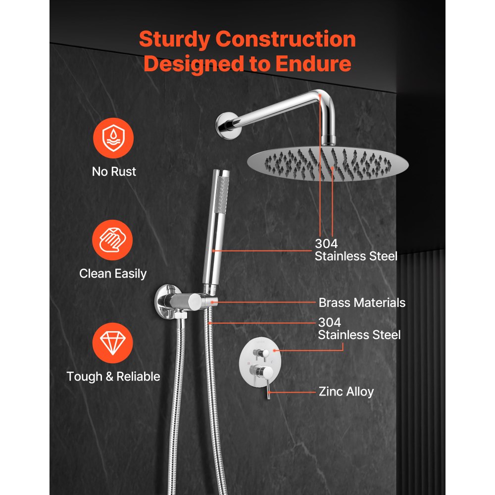 VEVOR Shower Faucet Set, Rainfall Bathroom Shower System with 10-Inch (25.4cm) Round Rain Shower Head and Handheld Spray, Wall Mounted Bath Fixtures with Brass Valve and Trim Kit, Silver Chrome