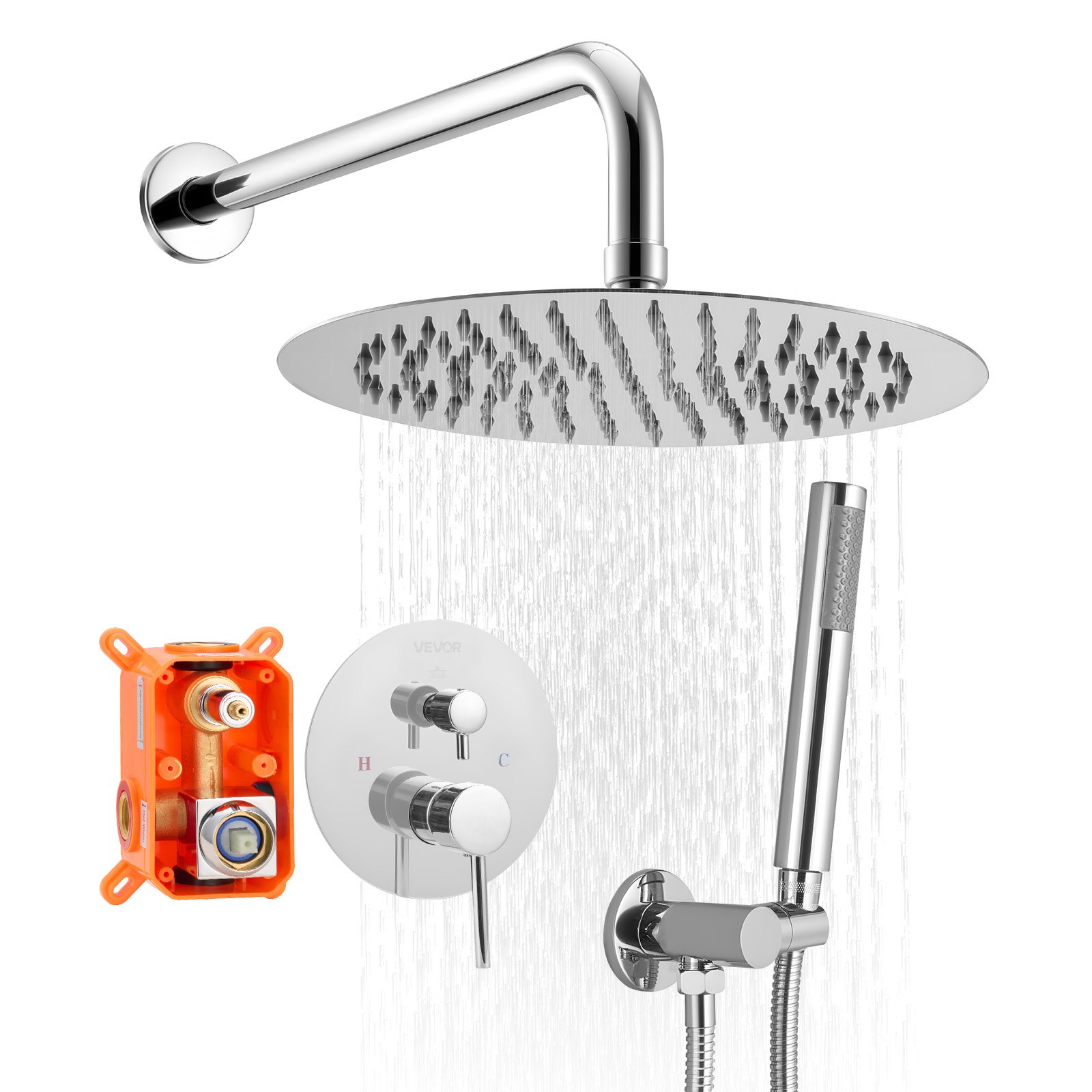 VEVOR Shower Faucet Set, Rainfall Bathroom Shower System with 10-Inch (25.4cm) Round Rain Shower Head and Handheld Spray, Wall Mounted Bath Fixtures with Brass Valve and Trim Kit, Silver Chrome