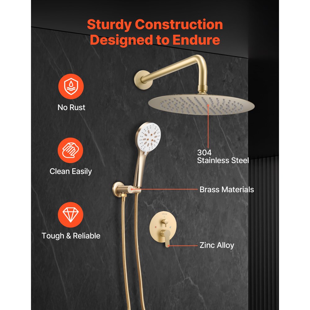 VEVOR Shower Faucet Set, Rainfall Bathroom Shower System with 10-Inch (25.4cm) Round Rain Shower Head and Handheld Spray, Wall Mounted Bath Fixtures with Brass Valve and Trim Kit, Brushed Gold