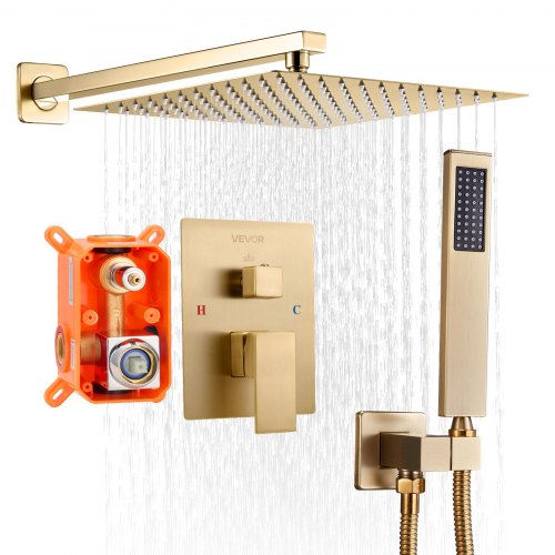 VEVOR Shower Faucet Set, Rainfall Bathroom Shower System with 12-Inch (30.5cm) Square Rain Shower Head and Handheld Spray, Wall Mounted Bath Fixtures with Brass Valve and Trim Kit, Brushed Gold