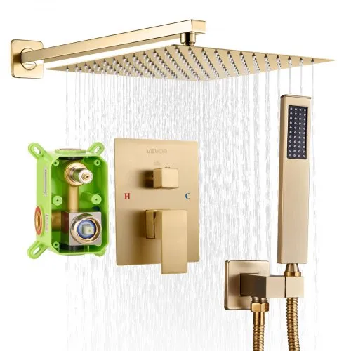 VEVOR Shower Faucet Set, Rainfall Bathroom Shower System with 12-Inch Square Rain Shower Head and Handheld Spray, Wall Mounted Bath Fixtures with Brass Valve and Trim Kit, Brushed Gold